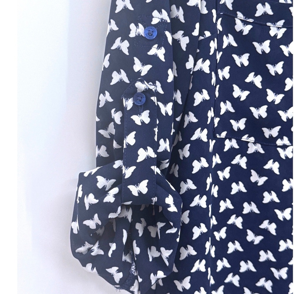 Express Portofino Butterfly Print Women's Shirt Size S Navy Blue Roll Tab Sleeve - Picture 4 of 8